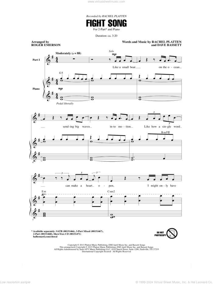 Fight Song (arr. Roger Emerson) sheet music for choir (2-Part) by Rachel Platten, Roger Emerson and Dave Bassett, intermediate duet