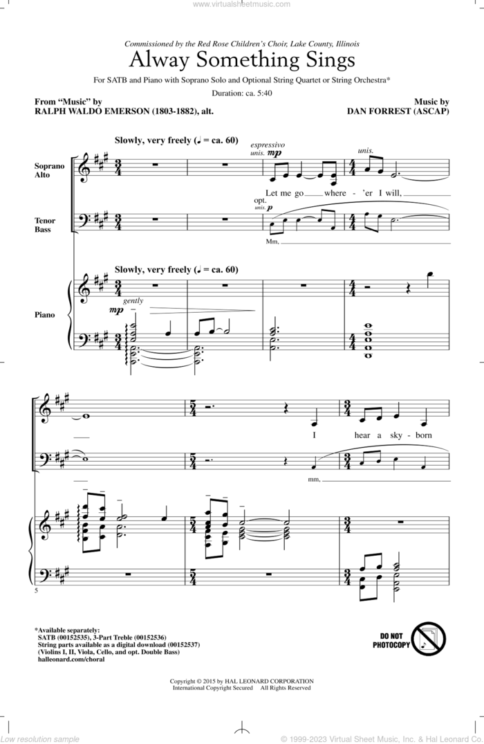 Alway Something Sings sheet music for choir (SATB: soprano, alto, tenor, bass) by Dan Forrest and Ralph Waldo Emerson, intermediate skill level