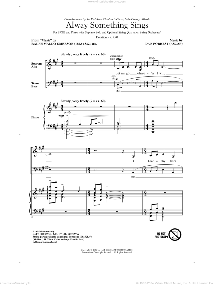 Alway Something Sings sheet music for choir (SATB: soprano, alto, tenor, bass) by Dan Forrest and Ralph Waldo Emerson, intermediate skill level