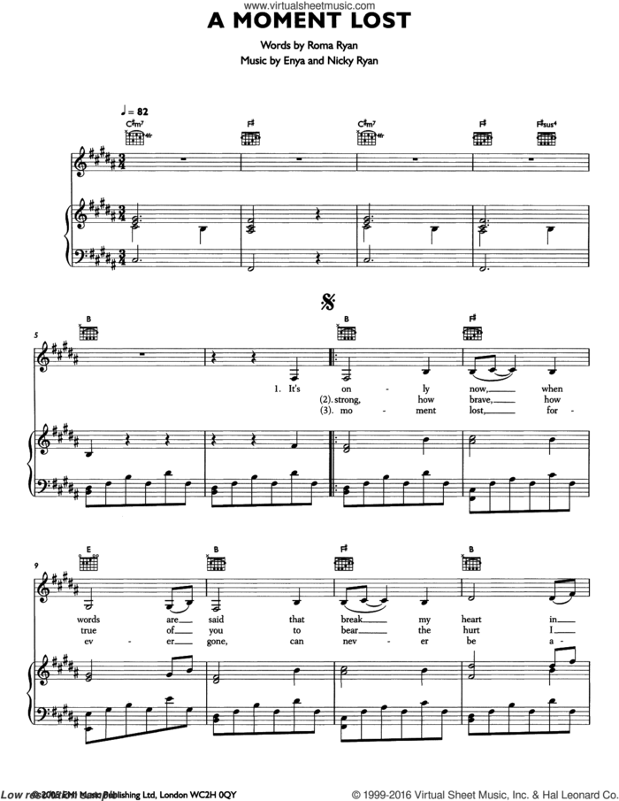 A Moment Lost sheet music for voice, piano or guitar by Enya, Nicky Ryan and Roma Ryan, intermediate skill level