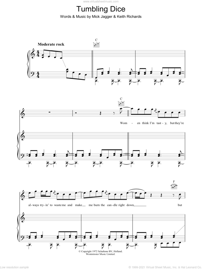 Tumbling Dice sheet music for voice, piano or guitar by The Rolling Stones, Keith Richards and Mick Jagger, intermediate skill level
