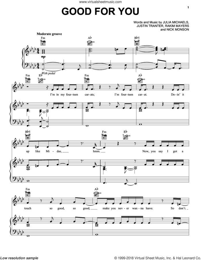 Good For You sheet music for voice, piano or guitar by Selena Gomez, Selena Gomez feat. A$AP Rocky, Julia Michaels, Justin Tranter, Nick Monson and Rakim Mayers, intermediate skill level