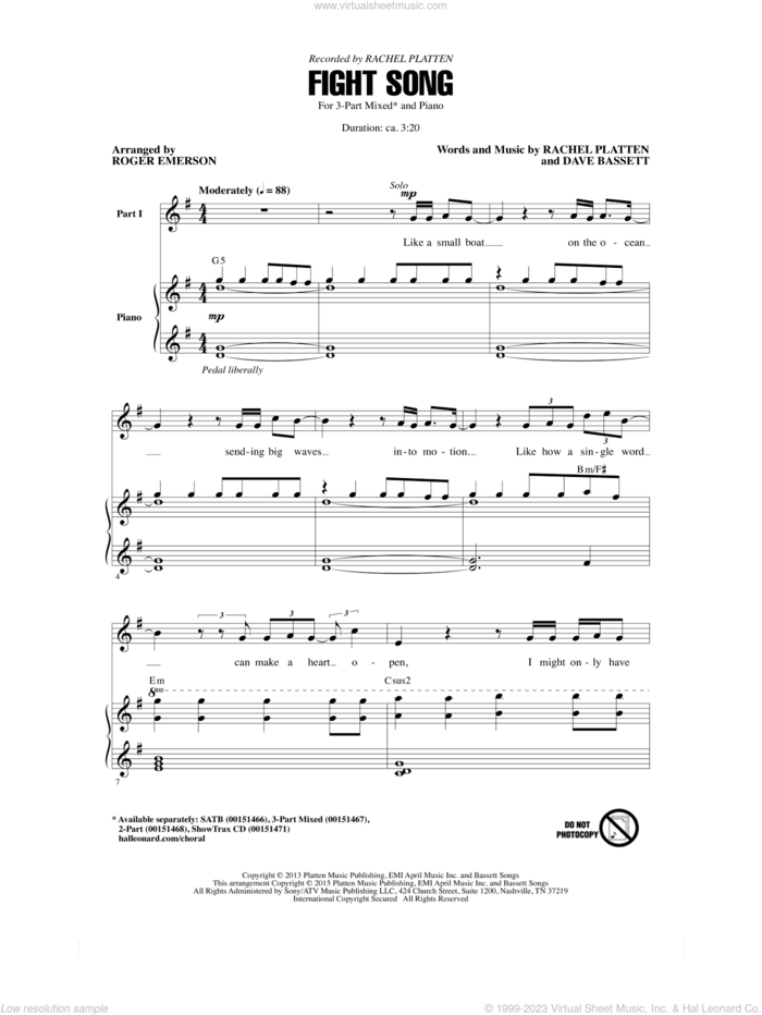 Fight Song (arr. Roger Emerson) sheet music for choir (3-Part Mixed) by Dave Bassett, Roger Emerson and Rachel Platten, intermediate skill level