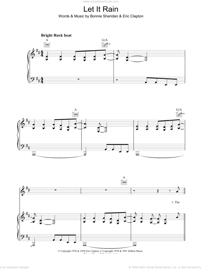 Let It Rain sheet music for voice, piano or guitar by Eric Clapton and Bonnie Bramlett, intermediate skill level