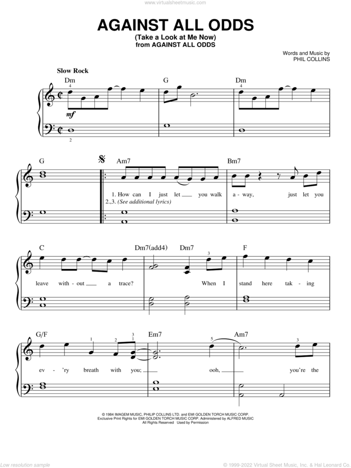 Against All Odds (Take A Look At Me Now), (beginner) sheet music for piano solo by Phil Collins, beginner skill level