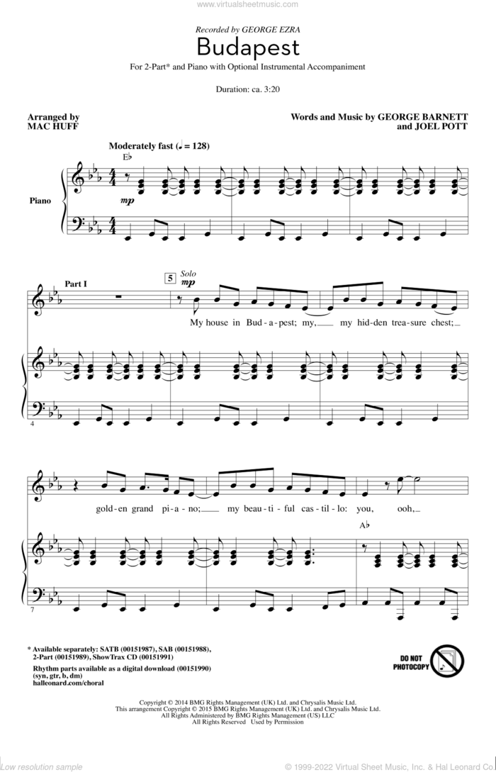 Budapest (arr. Mac Huff) sheet music for choir (2-Part) by Mac Huff, George Ezra, George Barnett and Joel Pott, intermediate duet