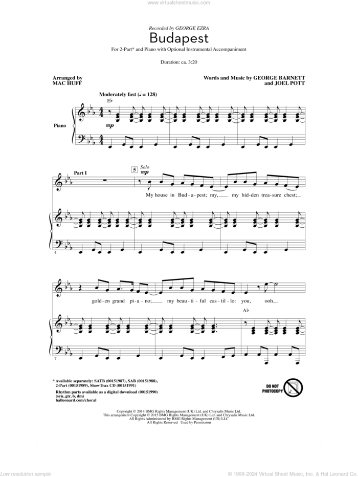 Budapest (arr. Mac Huff) sheet music for choir (2-Part) by Mac Huff, George Ezra, George Barnett and Joel Pott, intermediate duet