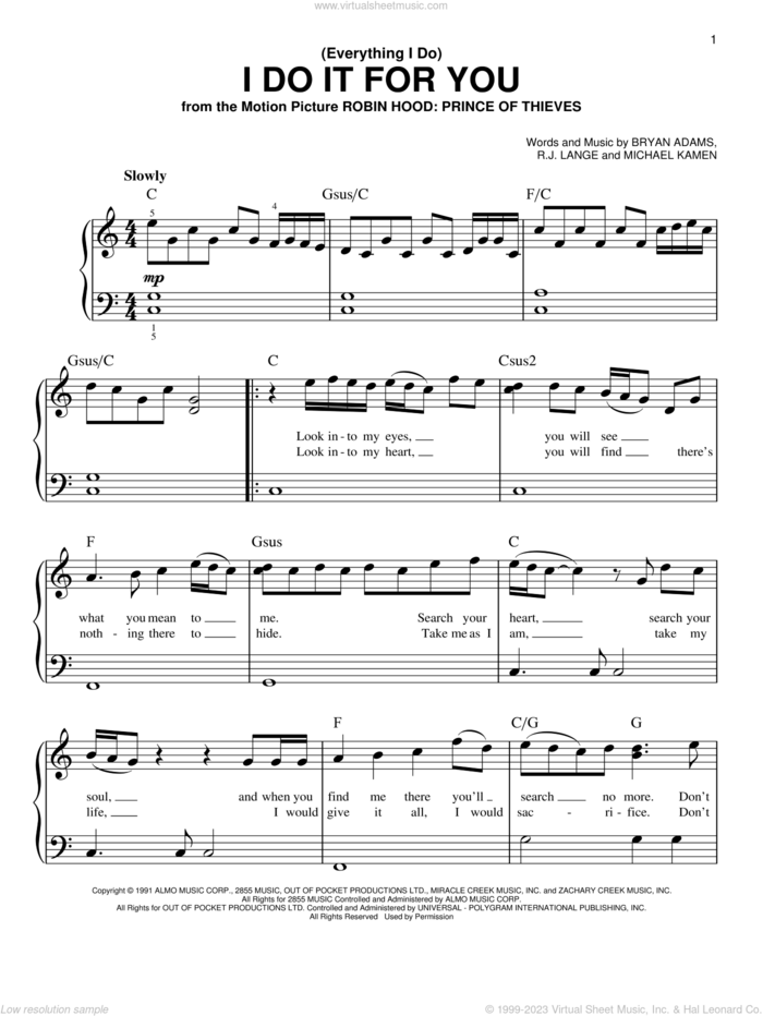 (Everything I Do) I Do It For You, (beginner) sheet music for piano solo by Bryan Adams, Michael Kamen and Robert John Lange, beginner skill level
