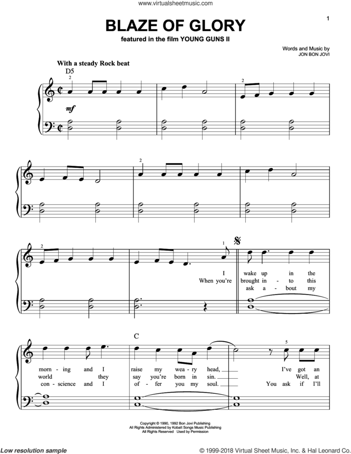 Blaze Of Glory sheet music for piano solo by Bon Jovi, beginner skill level