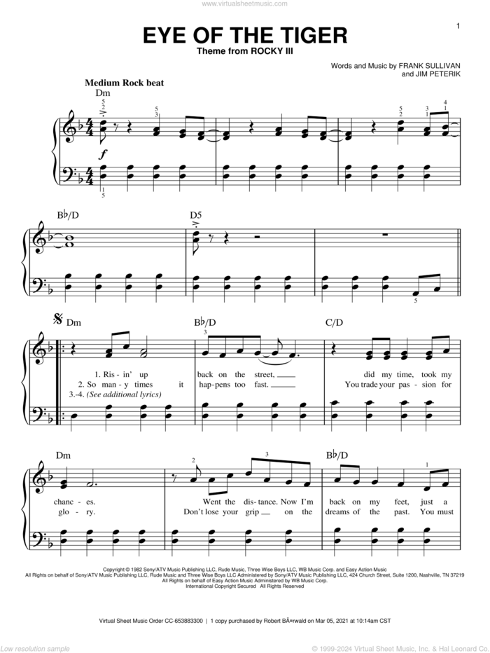 Eye Of The Tiger, (beginner) sheet music for piano solo by Survivor, Frank Sullivan and Jim Peterik, beginner skill level