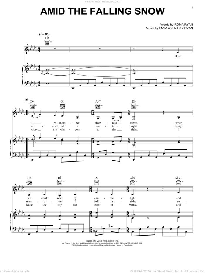 Amid The Falling Snow sheet music for voice, piano or guitar by Enya, Nicky Ryan and Roma Ryan, intermediate skill level