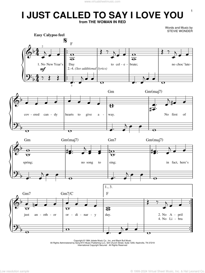 I Just Called To Say I Love You, (beginner) sheet music for piano solo by Stevie Wonder, beginner skill level