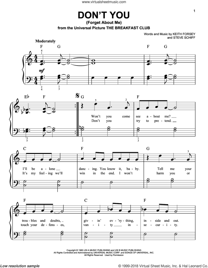 Don't You (Forget About Me) sheet music for piano solo by Simple Minds, Hawk Nelson, Keith Forsey and Steve Schiff, beginner skill level