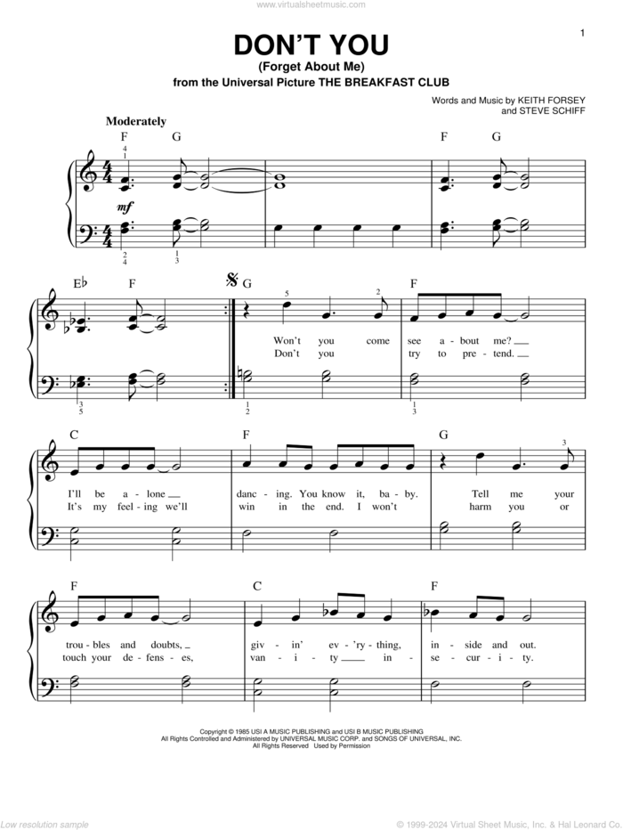 Don't You (Forget About Me) sheet music for piano solo by Simple Minds, Hawk Nelson, Keith Forsey and Steve Schiff, beginner skill level