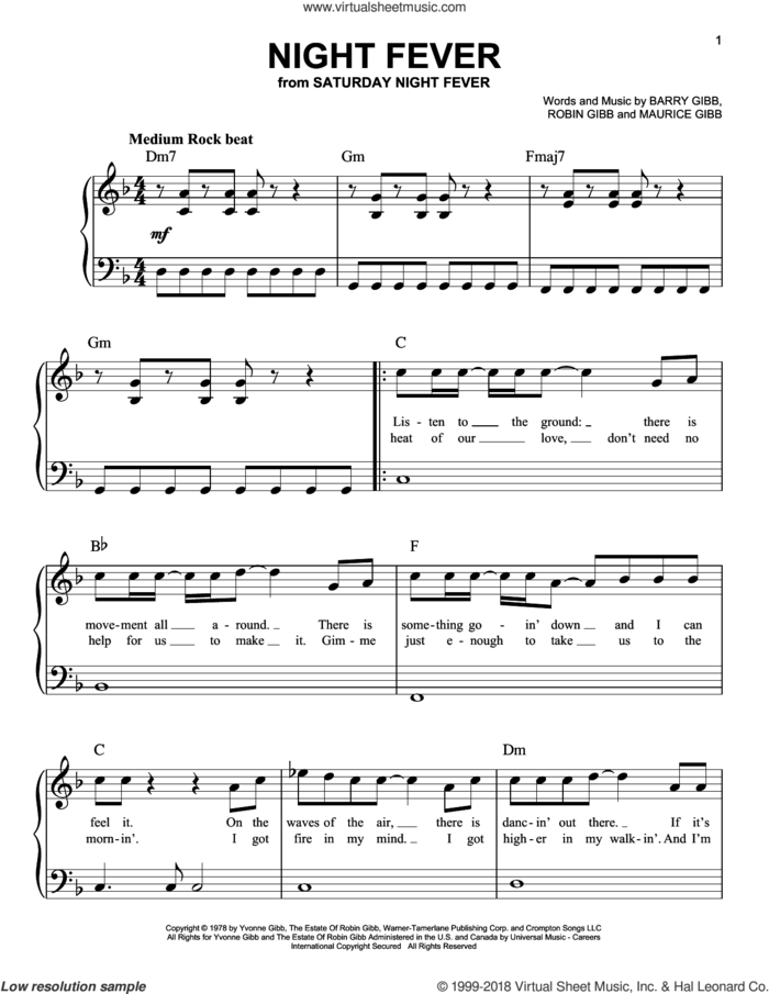 Night Fever sheet music for piano solo by Bee Gees, Barry Gibb, Maurice Gibb and Robin Gibb, beginner skill level