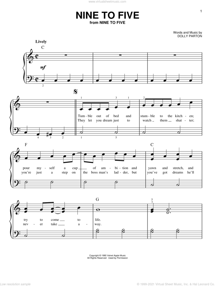 Nine To Five, (beginner) sheet music for piano solo by Dolly Parton, beginner skill level