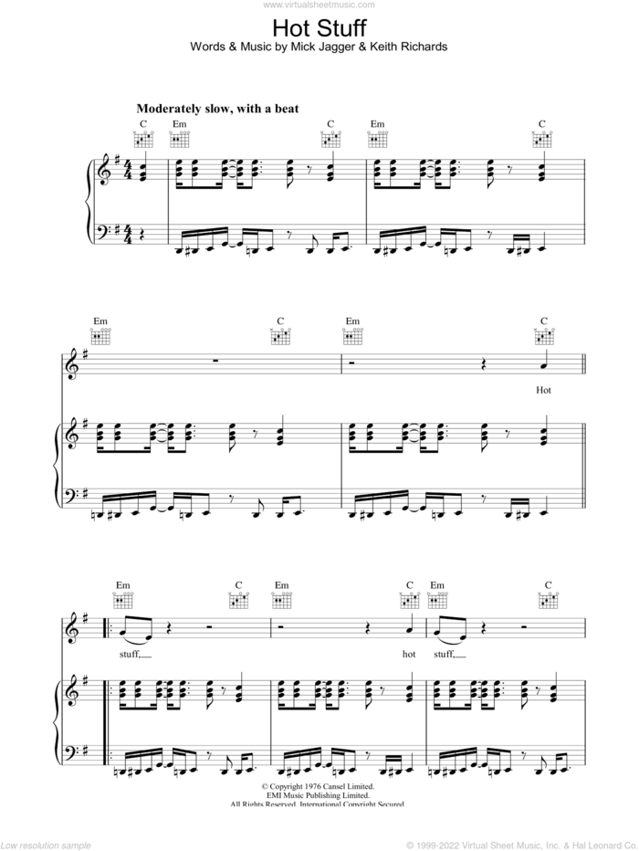 Hot Stuff sheet music for voice, piano or guitar by The Rolling Stones, Keith Richards and Mick Jagger, intermediate skill level