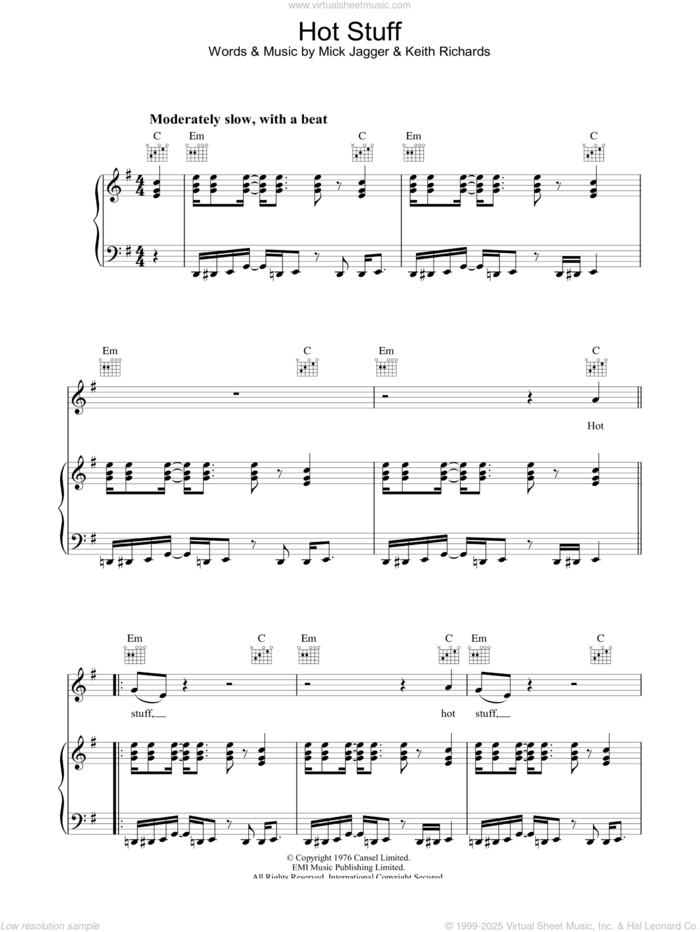 Hot Stuff sheet music for voice, piano or guitar by The Rolling Stones, Keith Richards and Mick Jagger, intermediate skill level