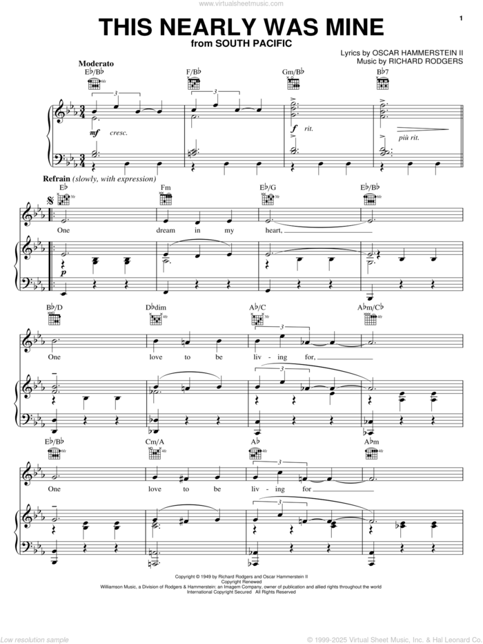 This Nearly Was Mine sheet music for voice, piano or guitar by Rodgers & Hammerstein, South Pacific (Musical), Oscar II Hammerstein and Richard Rodgers, intermediate skill level