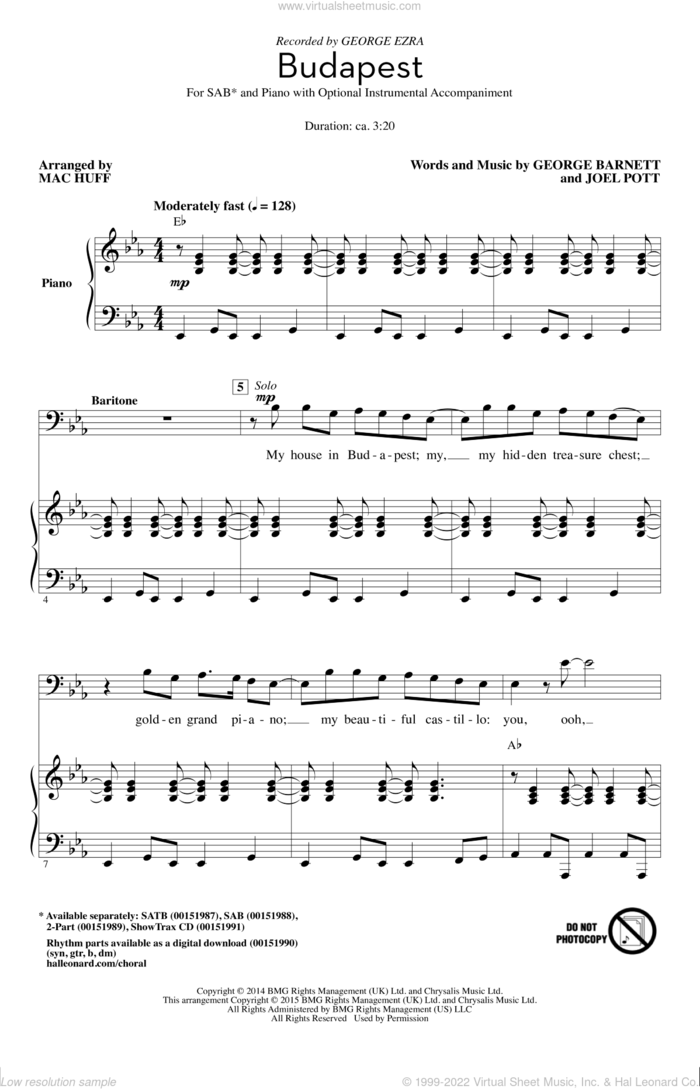 Budapest (arr. Mac Huff) sheet music for choir (SAB: soprano, alto, bass) by Mac Huff, George Ezra, George Barnett and Joel Pott, intermediate skill level