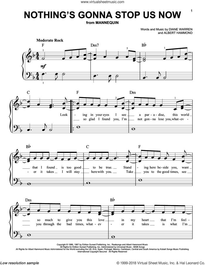 Nothing's Gonna Stop Us Now sheet music for piano solo by Starship, Albert Hammond and Diane Warren, beginner skill level
