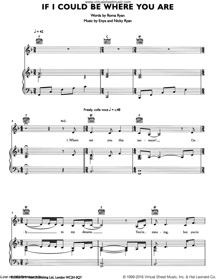 If I Could Be Where You Are sheet music for voice, piano or guitar by Enya, Nicky Ryan and Roma Ryan, intermediate skill level