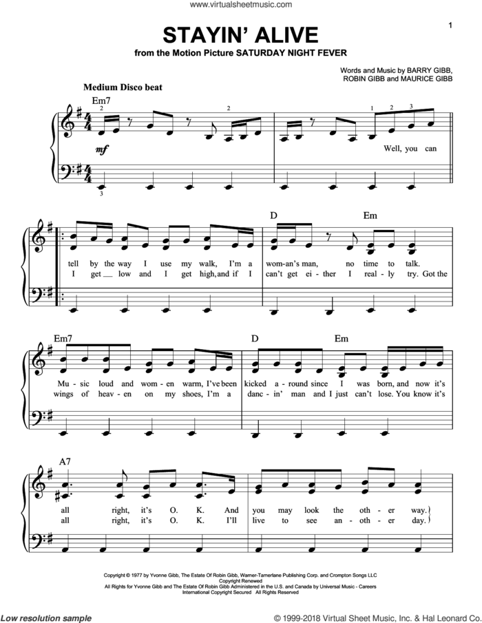 Stayin' Alive sheet music for piano solo by Bee Gees, N-Trance, Barry Gibb, Maurice Gibb and Robin Gibb, beginner skill level