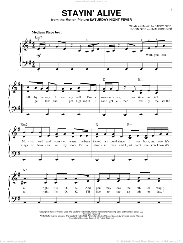 Stayin' Alive sheet music for piano solo by Bee Gees, N-Trance, Barry Gibb, Maurice Gibb and Robin Gibb, beginner skill level