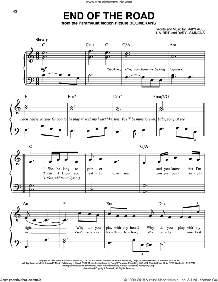 End Of The Road sheet music for piano solo by Boyz II Men, Babyface, Daryl Simmons and L.A. Reid, beginner skill level
