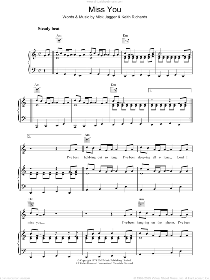 Miss You sheet music for voice, piano or guitar by The Rolling Stones, Keith Richards and Mick Jagger, intermediate skill level