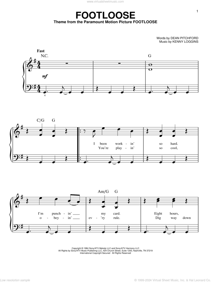 Footloose, (beginner) sheet music for piano solo by Kenny Loggins and Dean Pitchford, beginner skill level