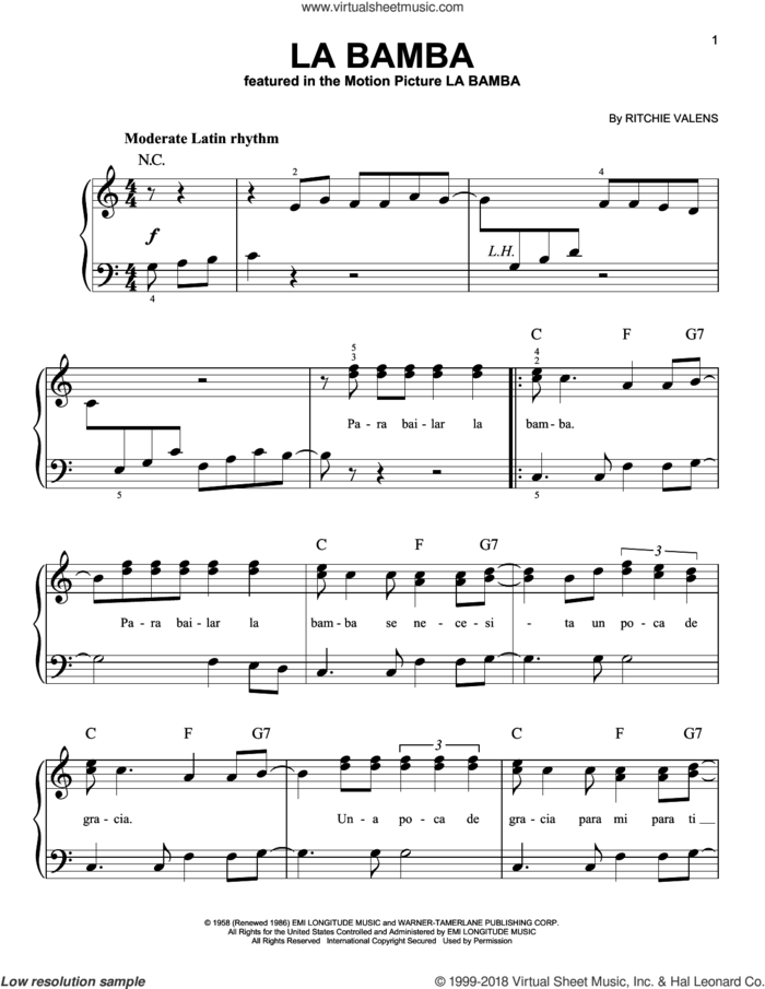 La Bamba, (beginner) sheet music for piano solo by Los Lobos and Ritchie Valens, beginner skill level