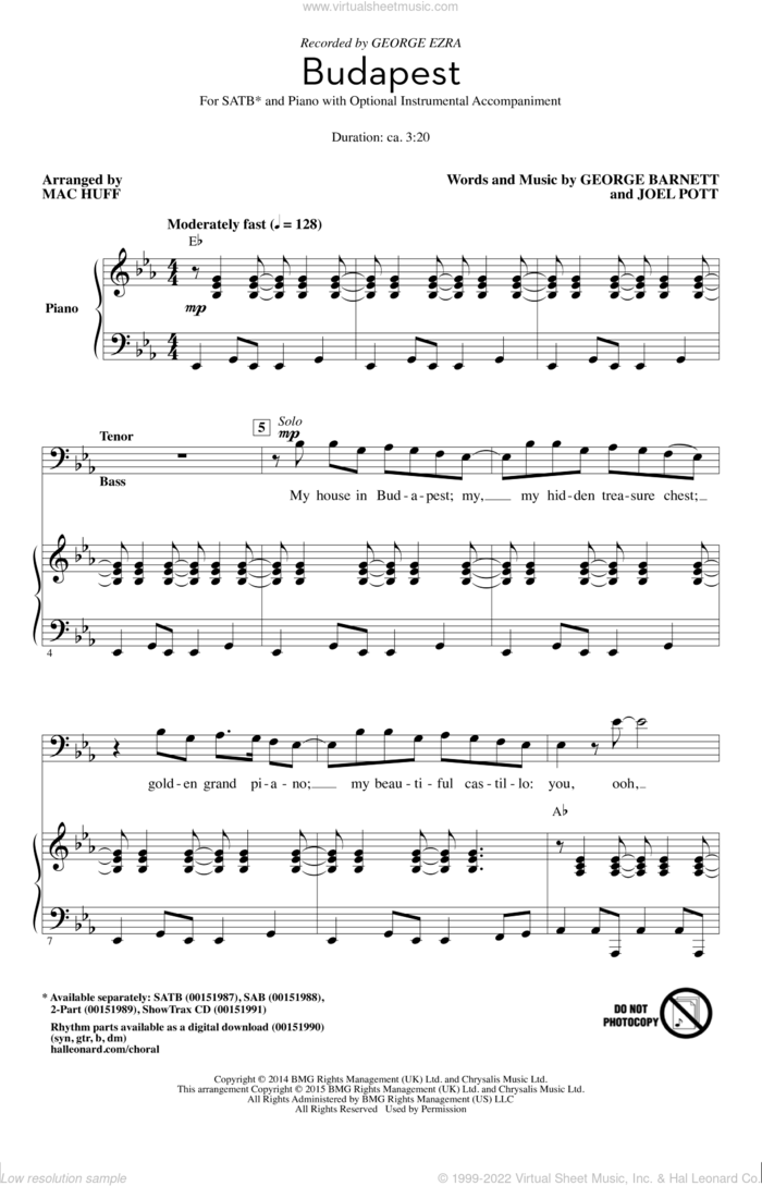 Budapest (arr. Mac Huff) sheet music for choir (SATB: soprano, alto, tenor, bass) by Mac Huff, George Ezra, George Barnett and Joel Pott, intermediate skill level