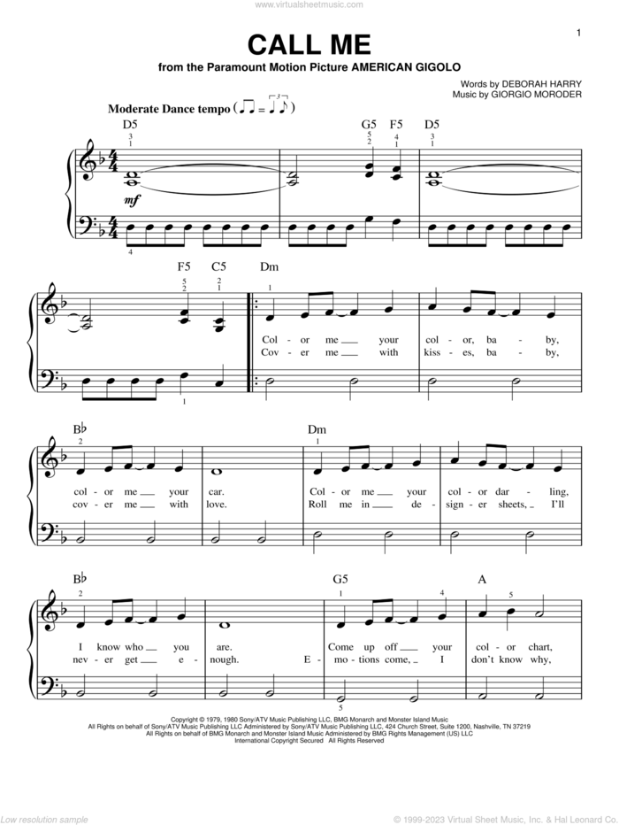 Call Me, (beginner) sheet music for piano solo by Blondie, Deborah Harry and Giorgio Moroder, beginner skill level