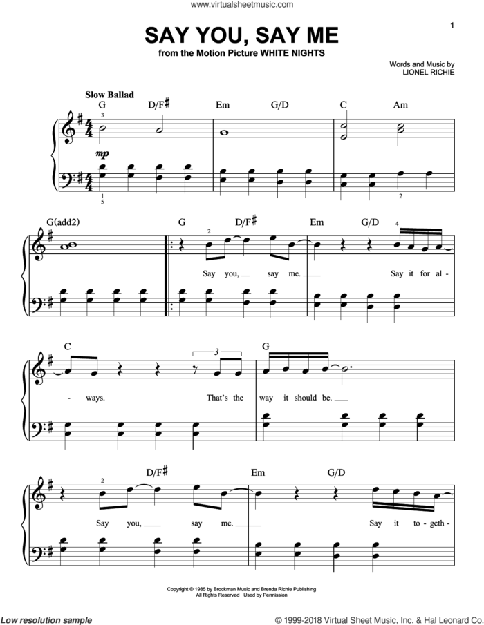 Say You, Say Me, (beginner) sheet music for piano solo by Lionel Richie, beginner skill level