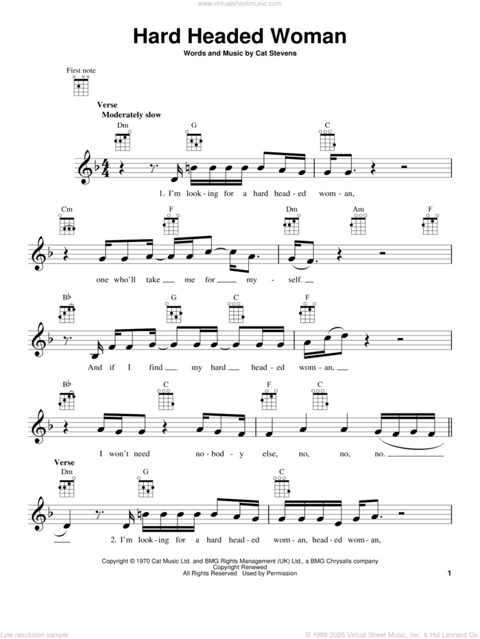 Hard Headed Woman sheet music for ukulele by Yusuf/Cat Stevens, Yusuf Islam and Cat Stevens, intermediate skill level