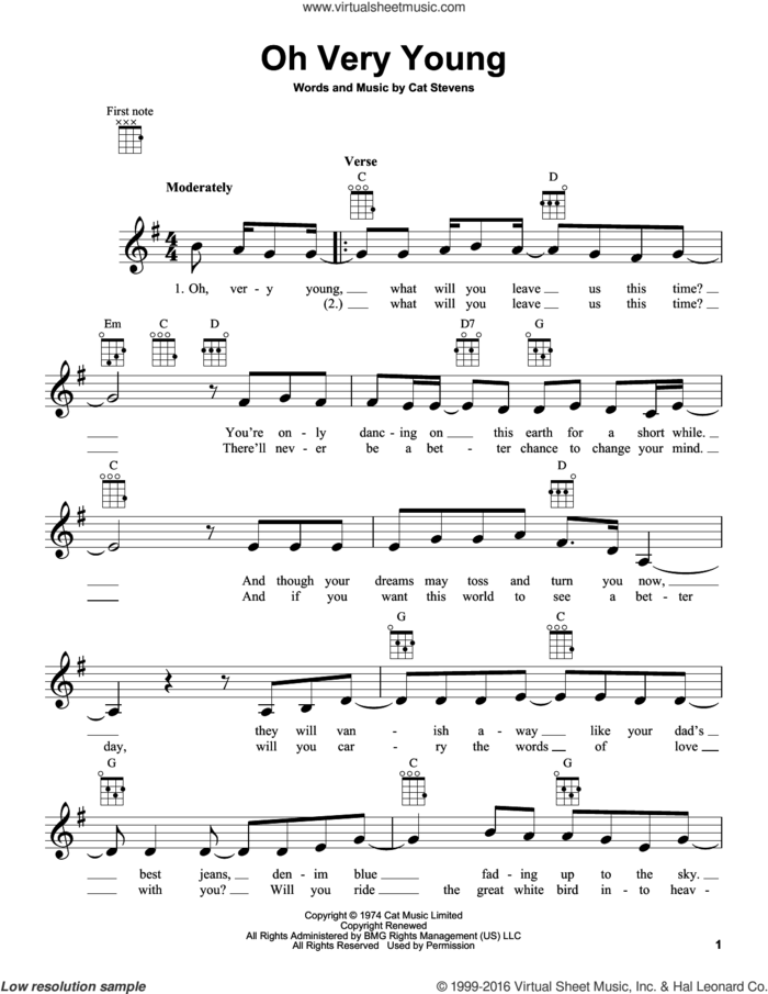 Oh Very Young sheet music for ukulele by Yusuf/Cat Stevens, Yusuf Islam and Cat Stevens, intermediate skill level
