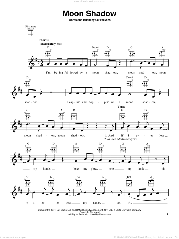 Moon Shadow sheet music for ukulele by Yusuf/Cat Stevens, Yusuf Islam and Cat Stevens, intermediate skill level