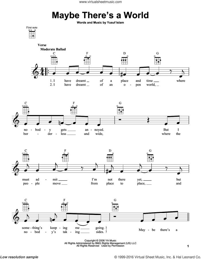 Maybe There's A World sheet music for ukulele by Yusuf/Cat Stevens, Cat Stevens and Yusuf Islam, intermediate skill level
