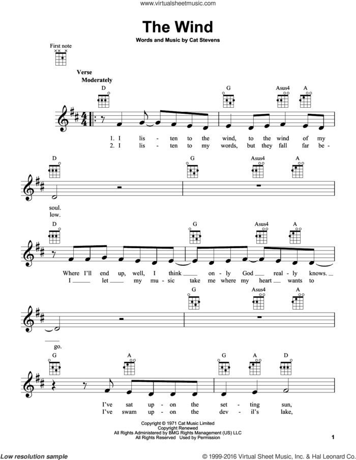 The Wind sheet music for ukulele by Yusuf/Cat Stevens, Yusuf Islam and Cat Stevens, intermediate skill level