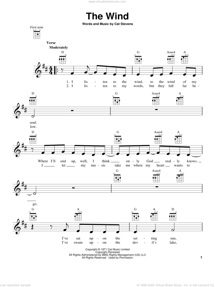 The Wind sheet music for ukulele by Yusuf/Cat Stevens, Yusuf Islam and Cat Stevens, intermediate skill level