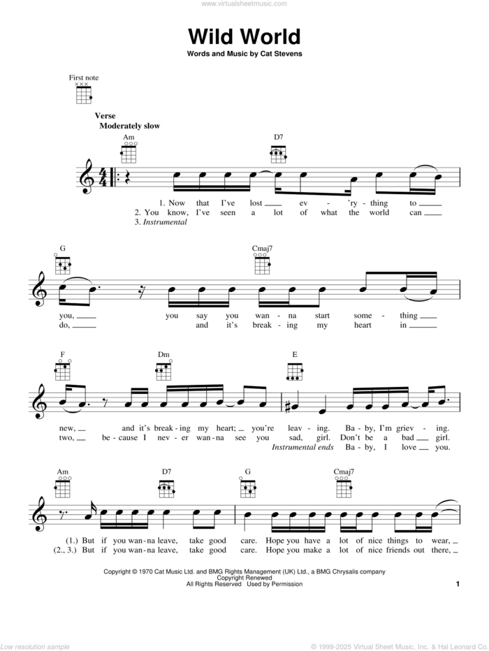 Wild World sheet music for ukulele by Yusuf/Cat Stevens, Maxi Priest, Yusuf Islam and Cat Stevens, intermediate skill level