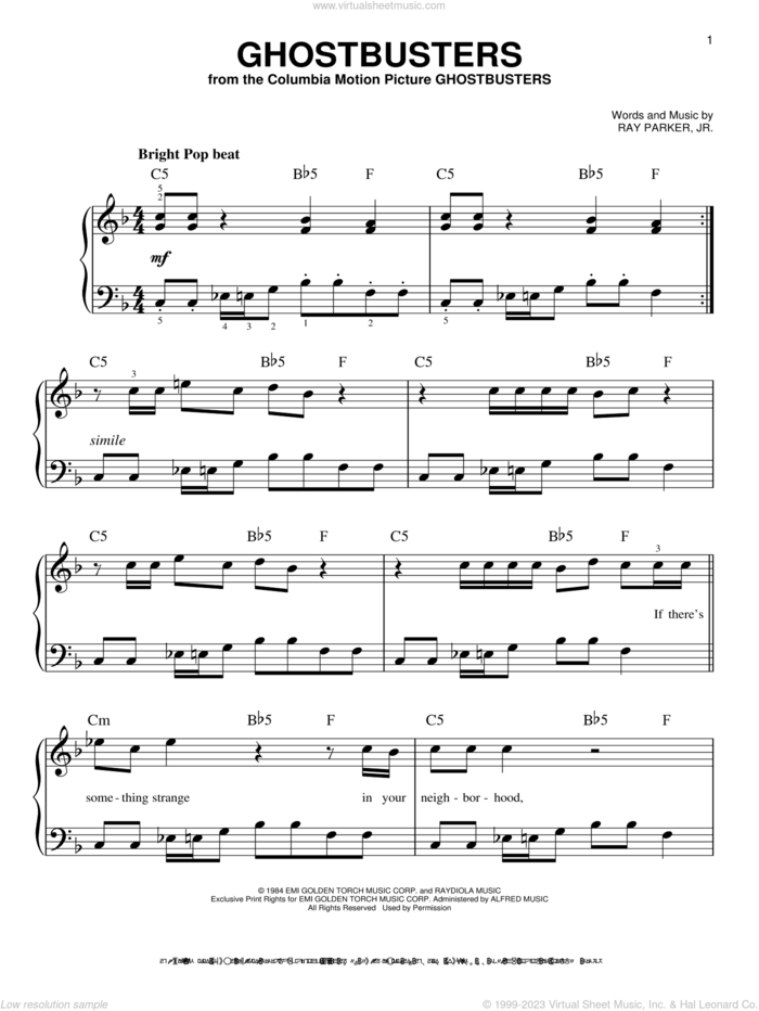 Ghostbusters sheet music for piano solo by Ray Parker Jr. and Miscellaneous, beginner skill level