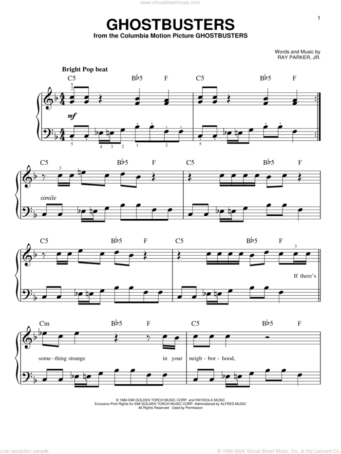 Ghostbusters sheet music for piano solo by Ray Parker Jr. and Miscellaneous, beginner skill level