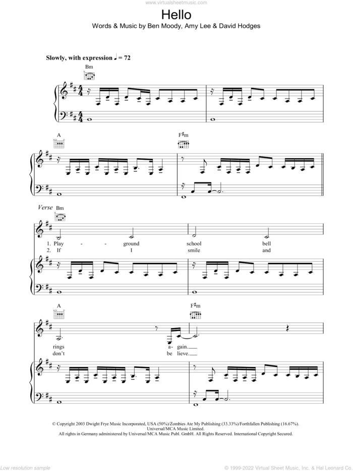 Hello sheet music for voice, piano or guitar by Evanescence, Amy Lee, Ben Moody and David Hodges, intermediate skill level