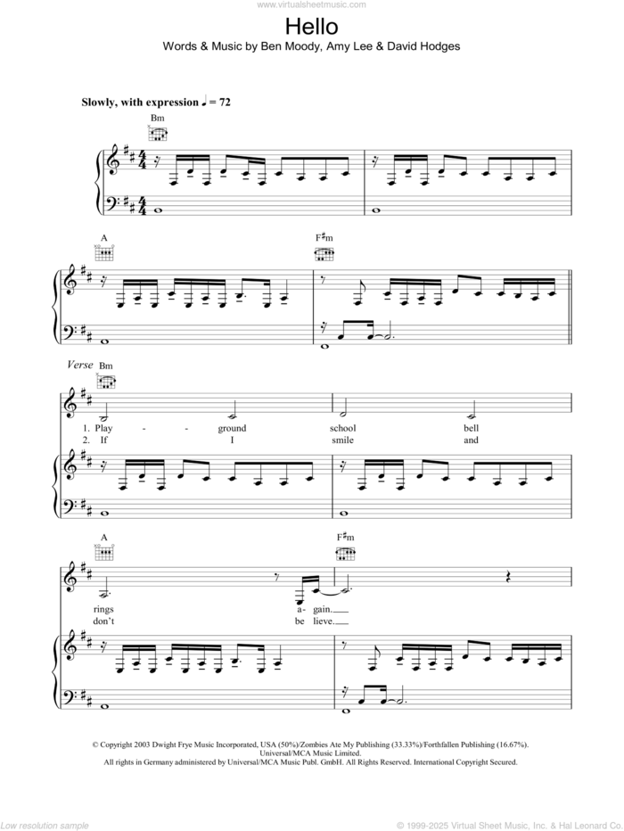 Hello sheet music for voice, piano or guitar by Evanescence, Amy Lee, Ben Moody and David Hodges, intermediate skill level