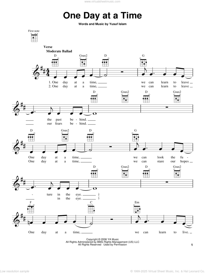 One Day At A Time sheet music for ukulele by Yusuf/Cat Stevens, Cat Stevens and Yusuf Islam, intermediate skill level