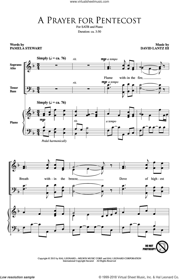 A Prayer For Pentecost sheet music for choir (SATB: soprano, alto, tenor, bass) by Pamela Stewart and David Lanz, intermediate skill level