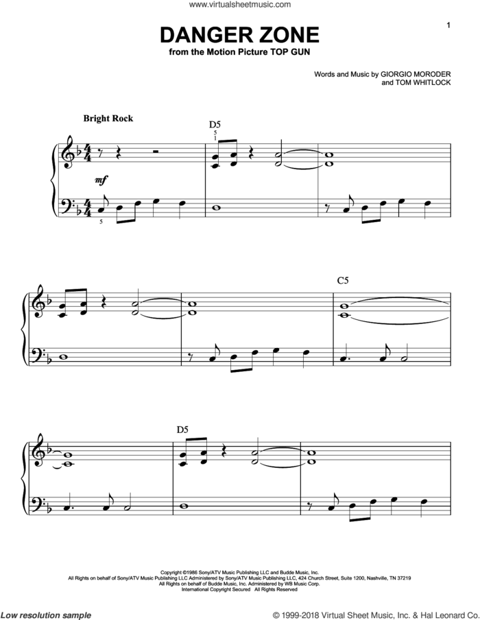Danger Zone sheet music for piano solo by Kenny Loggins, Giorgio Moroder and Tom Whitlock, beginner skill level