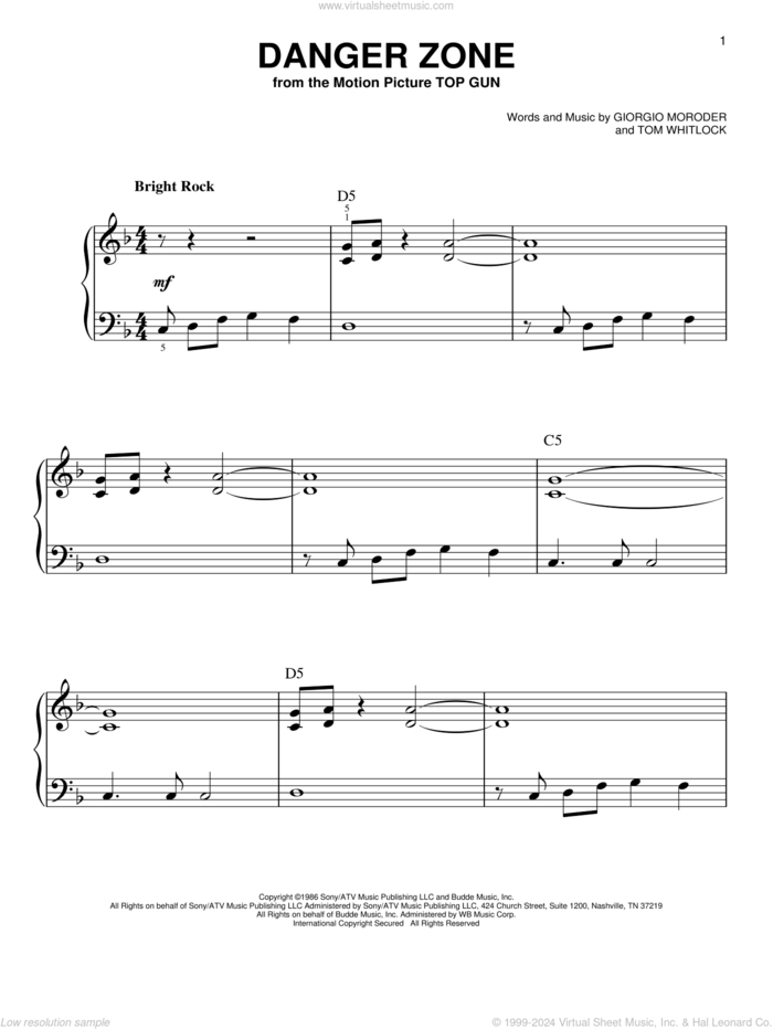 Danger Zone sheet music for piano solo by Kenny Loggins, Giorgio Moroder and Tom Whitlock, beginner skill level